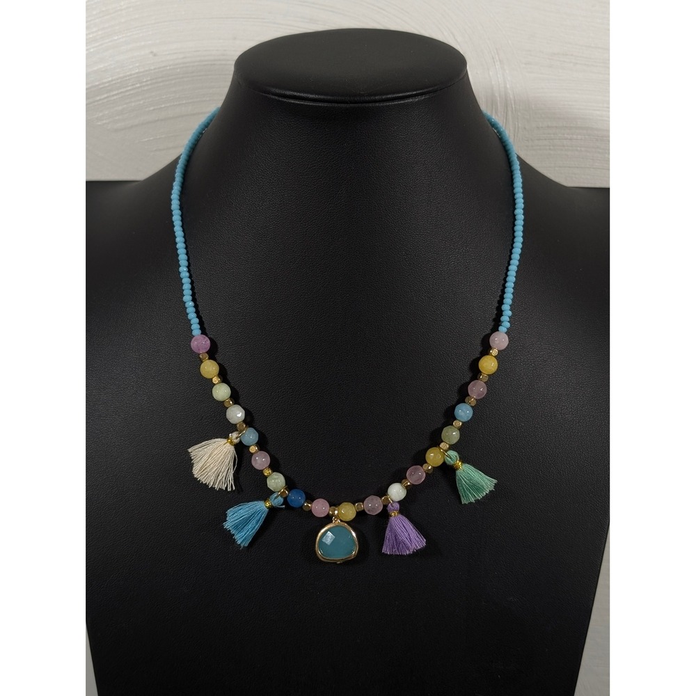 Boho Beachy Tassel Necklace Blue Pink Glass Beads Layered Gold Tone 21 in